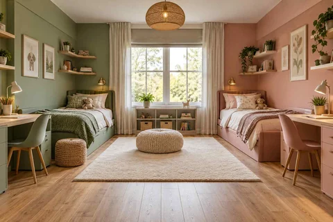 AI concept: two beds occupy green and pink colour zones around an open central rug