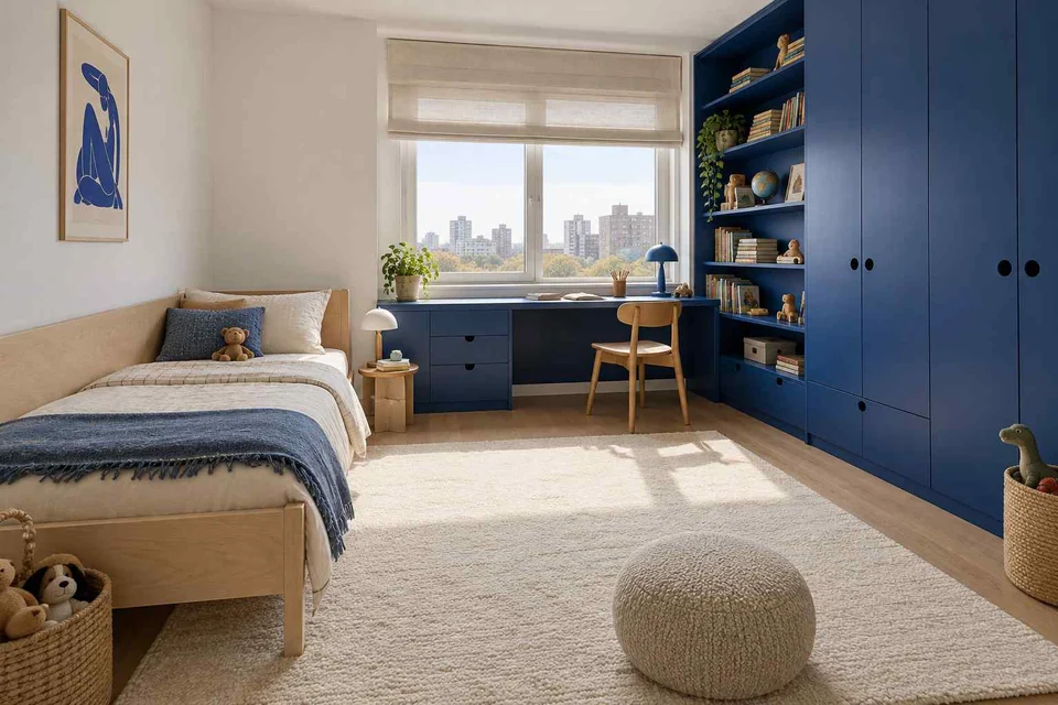 AI concept: a blue built-in desk and shelving contrast with white walls and a pale daybed