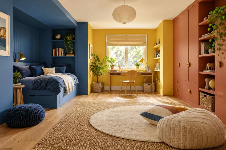 AI concept: blue, yellow and terracotta storage zones around a window desk and an open floor area