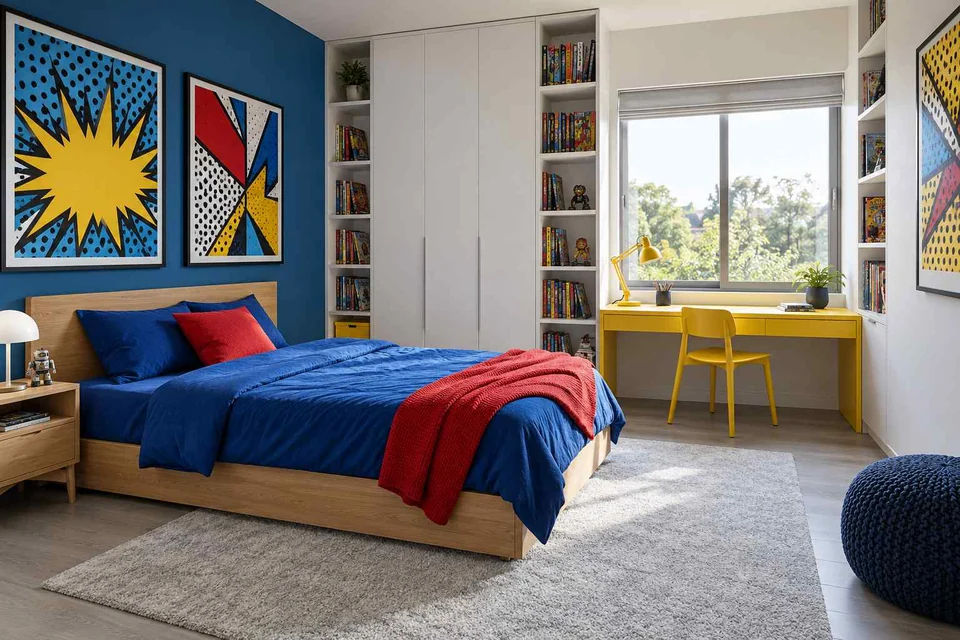 AI concept: comic-style wall art, a blue bed and yellow study desk with tall book shelving