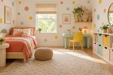 AI concept: multicoloured dot walls, coral bedding and a pale green desk in a playful room