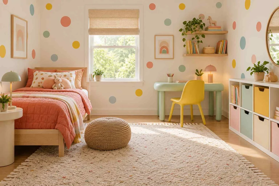 AI concept: multicoloured dot walls, coral bedding and a pale green desk in a playful room