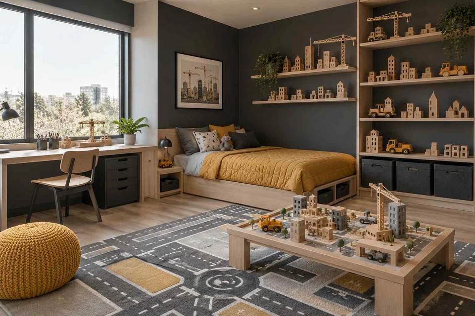 AI concept: a construction play table and road-pattern rug beside a yellow bed and display shelves