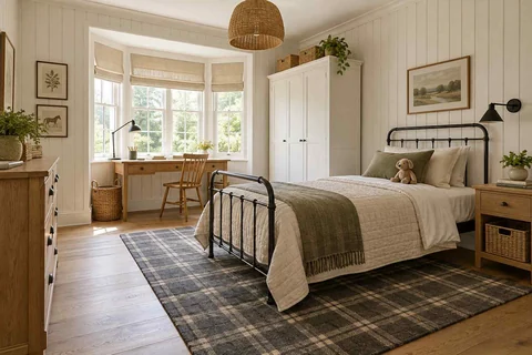 AI concept: a black metal bed, white panelled wall and timber desk create a farmhouse-style bedroom