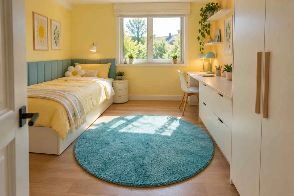 AI concept: a corner single bed, yellow accents and a round blue rug near a small desk