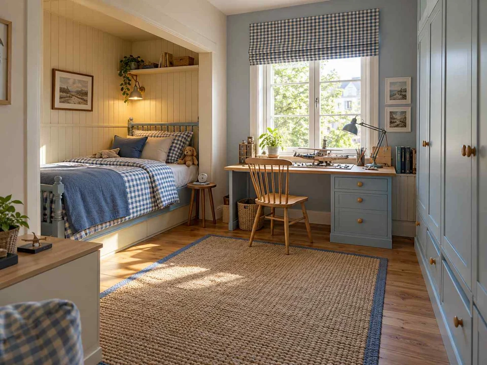 AI concept of a bedroom with a recessed sleeping area and a separate desk, with checked textiles and pale wooden furniture