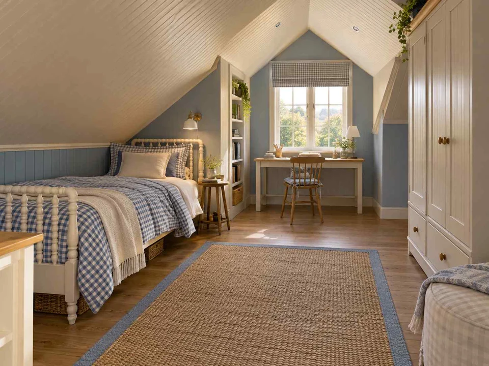 AI concept of a bedroom beneath a sloping ceiling with a bed and desk, with checked textiles and pale wooden furniture