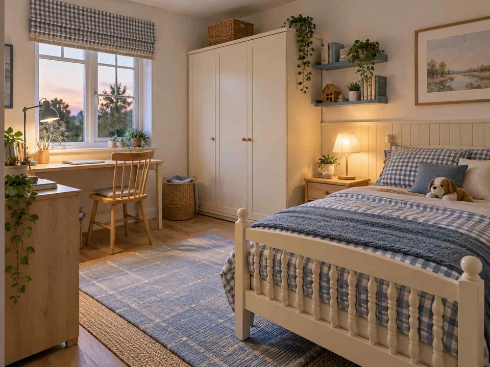 AI concept of a bedroom arranged with a bed, desk and storage furniture, with checked textiles and pale wooden furniture