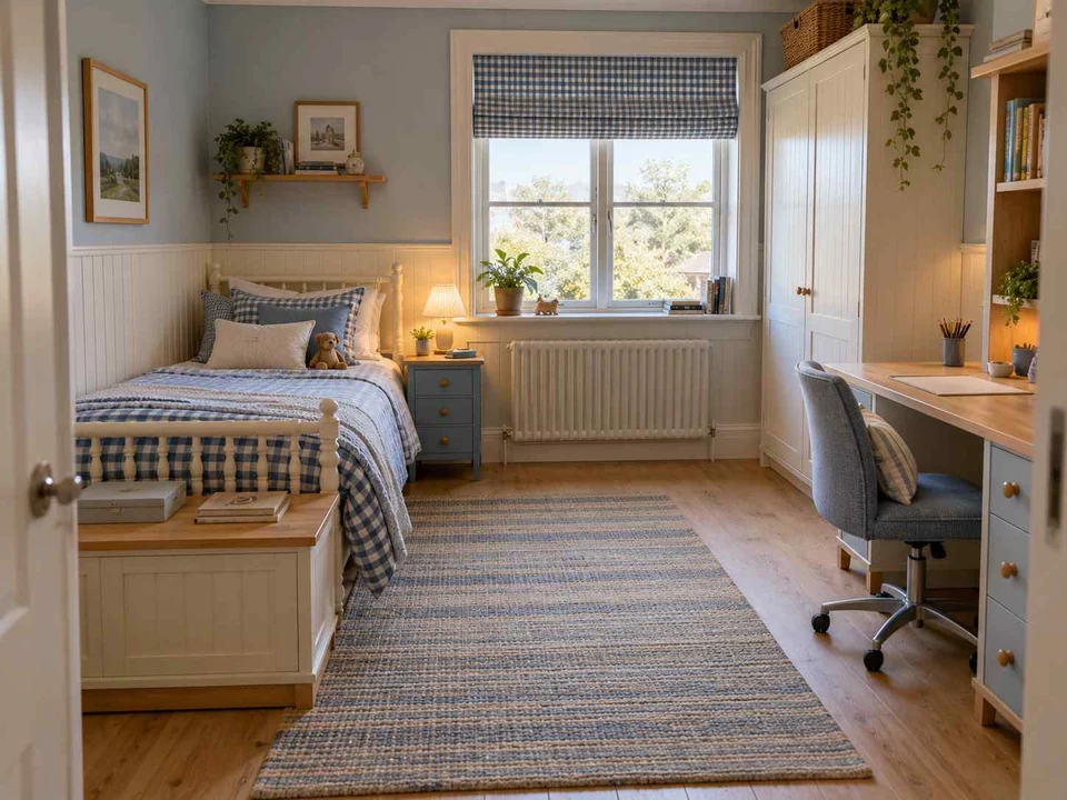 AI concept of sleeping and homework areas within the same room, with checked textiles and pale wooden furniture