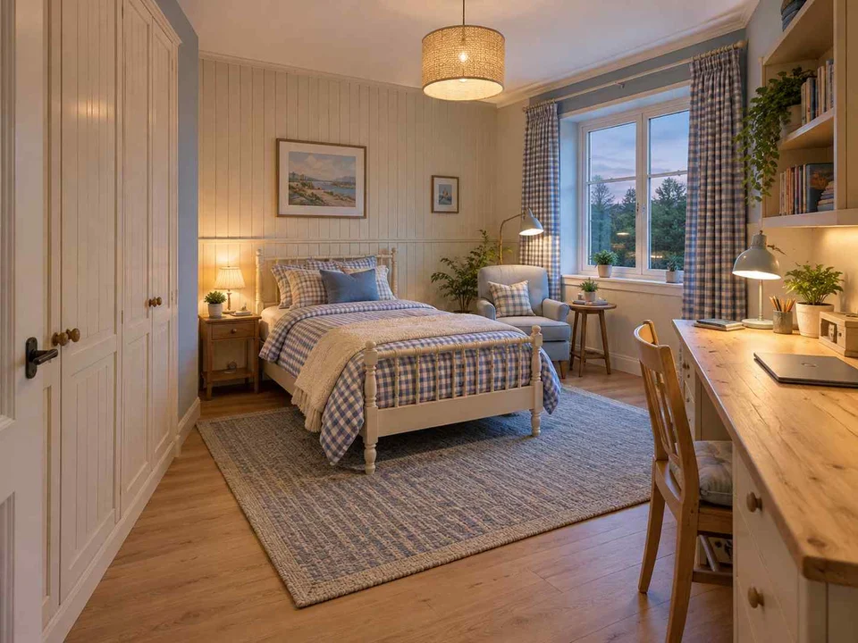 AI concept of a bedroom with desk space, task lighting and nearby storage, with checked textiles and pale wooden furniture