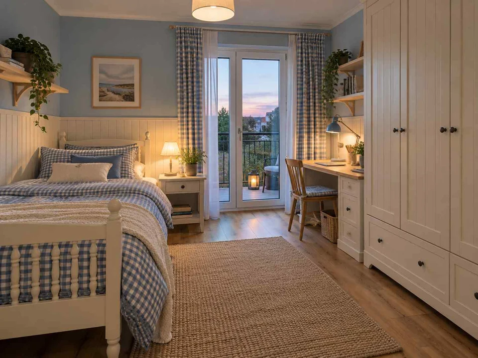 AI concept of a bedroom opening towards full-height glazed doors, with checked textiles and pale wooden furniture