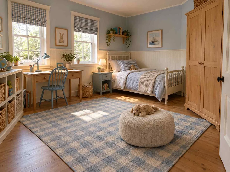 AI concept of a bedroom with a central rug and open floor space for play, with checked textiles and pale wooden furniture