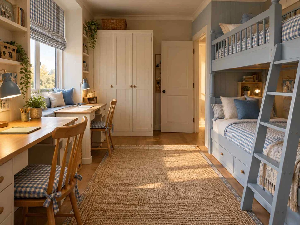 AI concept of bunk beds alongside study furniture and storage, with checked textiles and pale wooden furniture