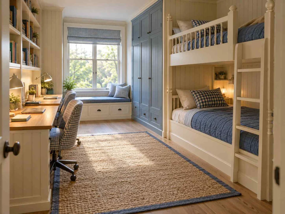 AI concept of bunk beds paired with bookshelves and study space, with checked textiles and pale wooden furniture