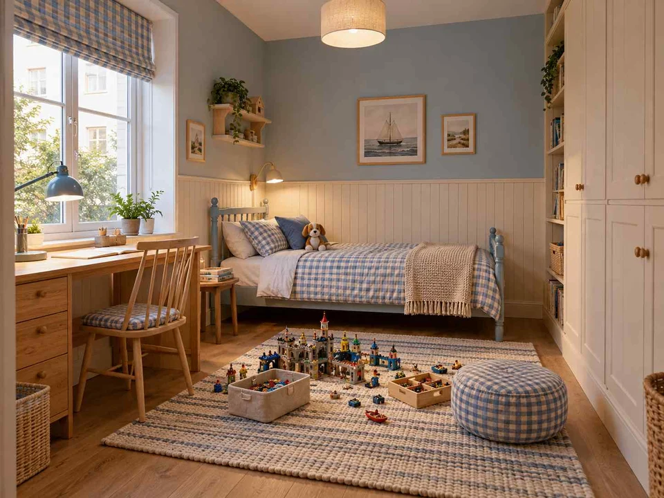 AI concept of a daylit bedroom with space for floor play, with checked textiles and pale wooden furniture
