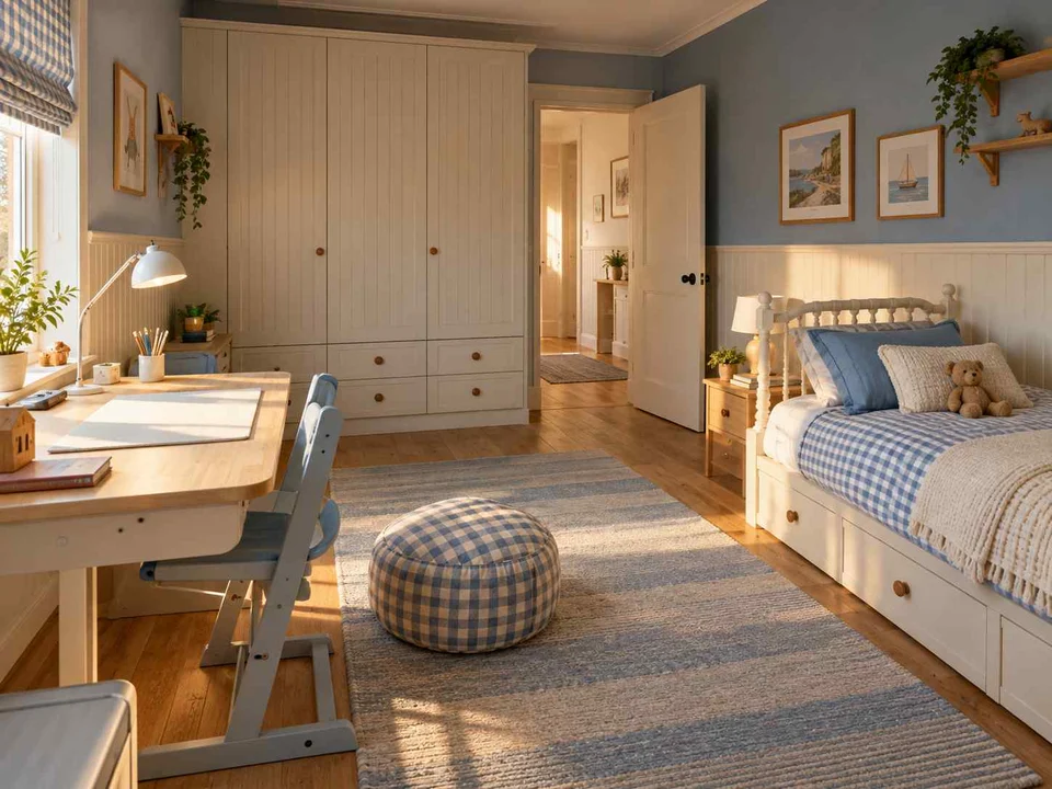 AI concept of a bedroom with a bed, study desk and open central floor space, with checked textiles and pale wooden furniture