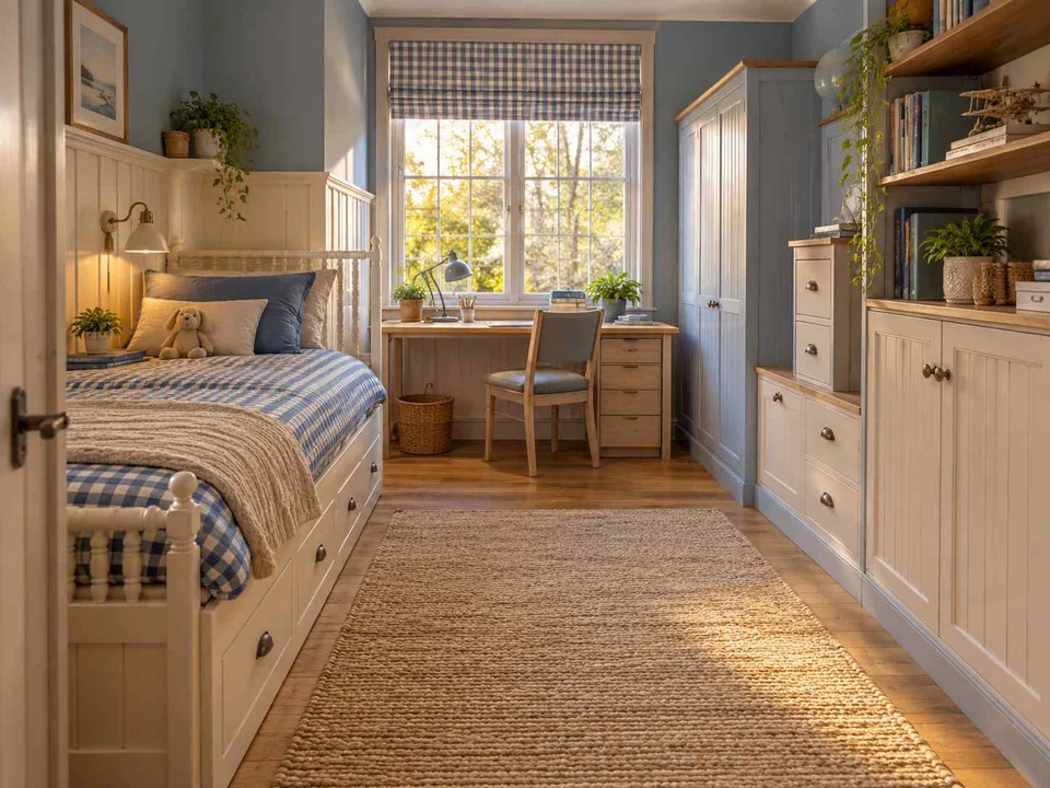 AI concept of a bedroom combining low storage with taller cabinetry or shelving, with checked textiles and pale wooden furniture