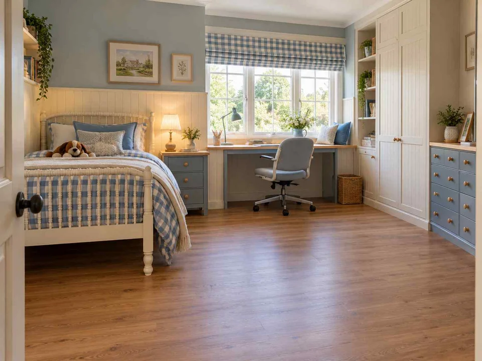 AI concept of a bedroom with an open central floor area and furniture arranged around its edges, with checked textiles and pale wooden furniture