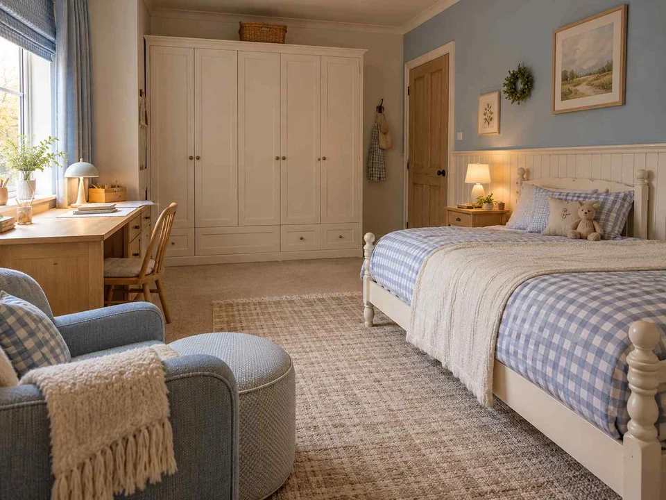 AI concept of a bedroom arranged around sleep, storage and a small sitting area, with checked textiles and pale wooden furniture