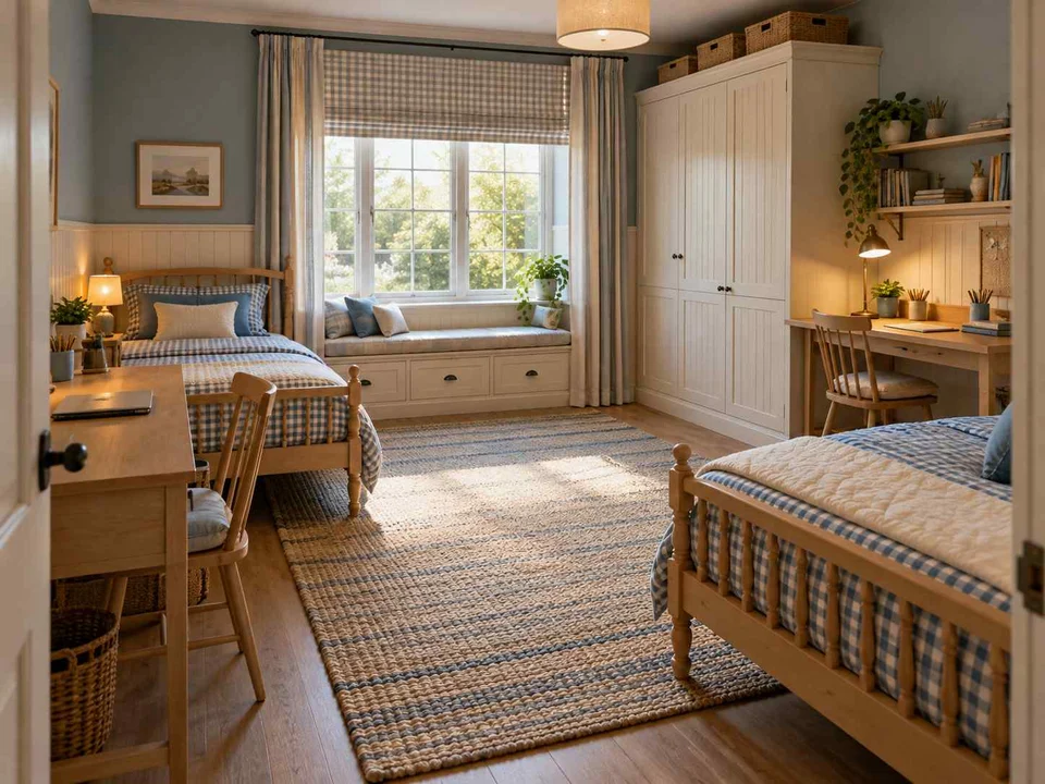 AI concept of a shared bedroom with two sleeping areas and desk space, with checked textiles and pale wooden furniture