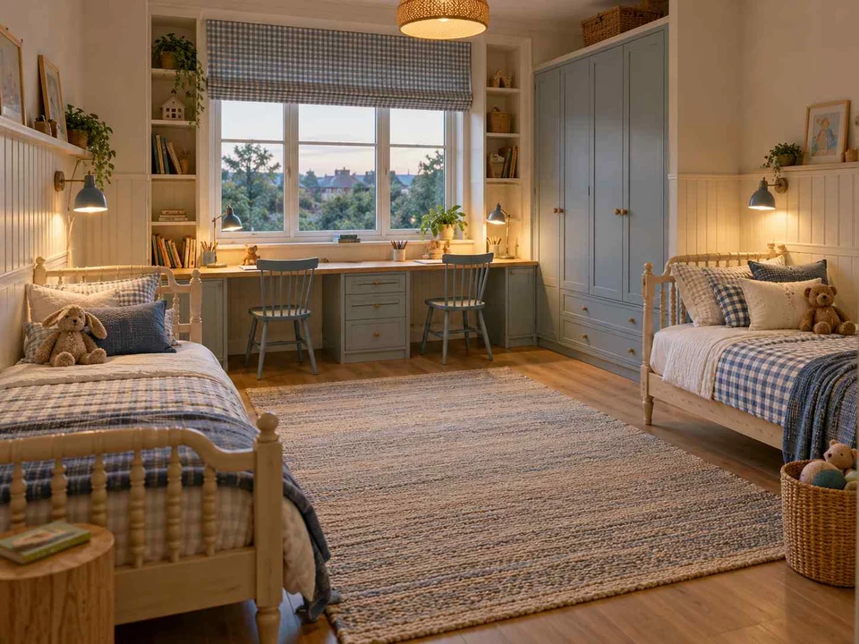 AI concept of two beds arranged around a shared central floor area, with checked textiles and pale wooden furniture