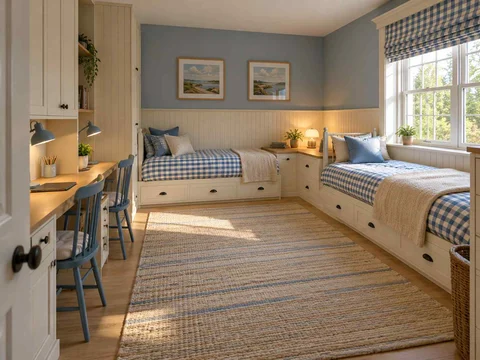 AI concept of a shared bedroom with two sleeping areas and study furniture, with checked textiles and pale wooden furniture