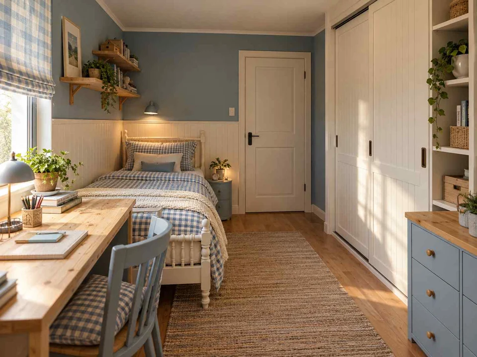 AI concept of a small bedroom with a bed, study furniture and integrated storage, with checked textiles and pale wooden furniture