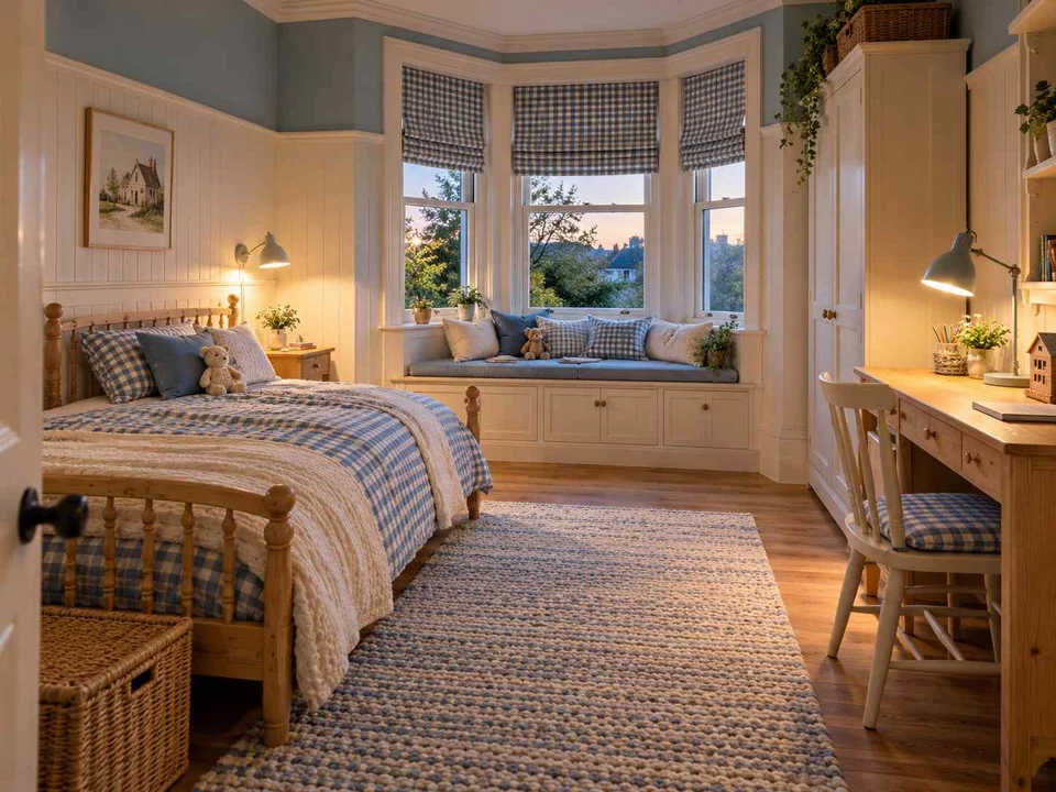 AI concept of a bedroom with a window-side seating area, with checked textiles and pale wooden furniture