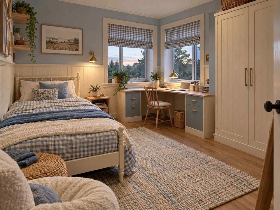 AI concept of a bedroom with a desk positioned near a window, with checked textiles and pale wooden furniture