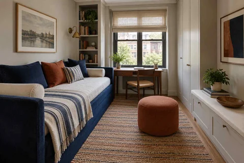 AI concept: a blue daybed opposite low white cabinets with a window seat at the end