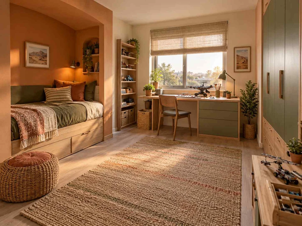 AI concept of a bedroom with a recessed sleeping area and a separate desk, with warm clay colours and rounded decorative details