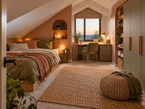 AI concept of a bedroom beneath a sloping ceiling with a bed and desk, with warm clay colours and rounded decorative details