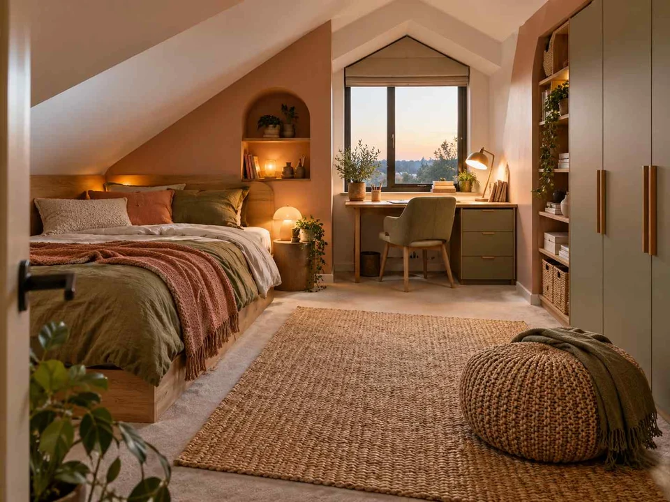AI concept of a bedroom beneath a sloping ceiling with a bed and desk, with warm clay colours and rounded decorative details
