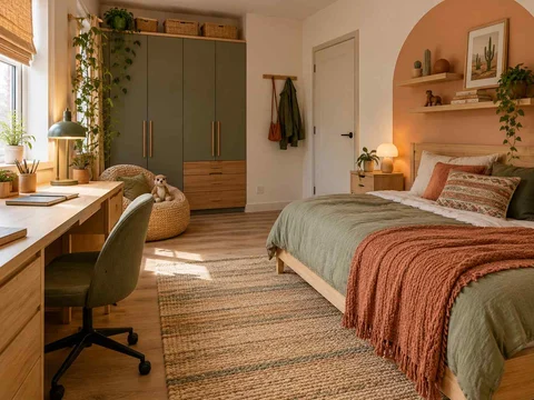 AI concept of a bedroom arranged with a bed, desk and storage furniture, with warm clay colours and rounded decorative details
