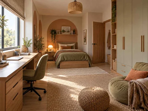 AI concept of a bedroom with desk space, task lighting and nearby storage, with warm clay colours and rounded decorative details