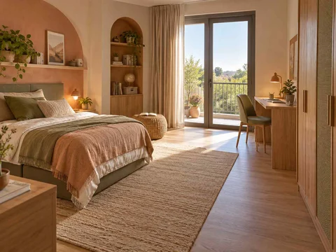 AI concept of a bedroom opening towards full-height glazed doors, with warm clay colours and rounded decorative details