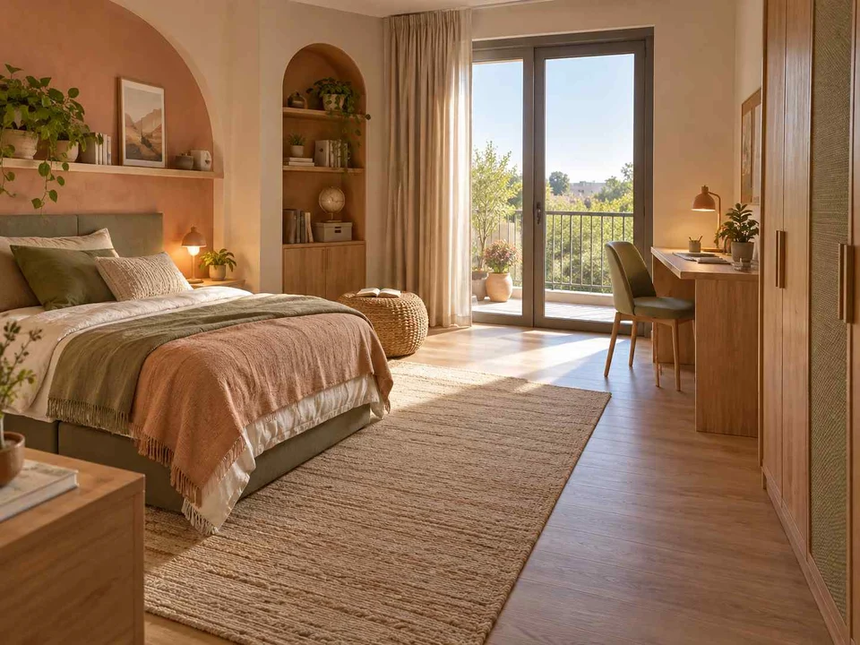 AI concept of a bedroom opening towards full-height glazed doors, with warm clay colours and rounded decorative details