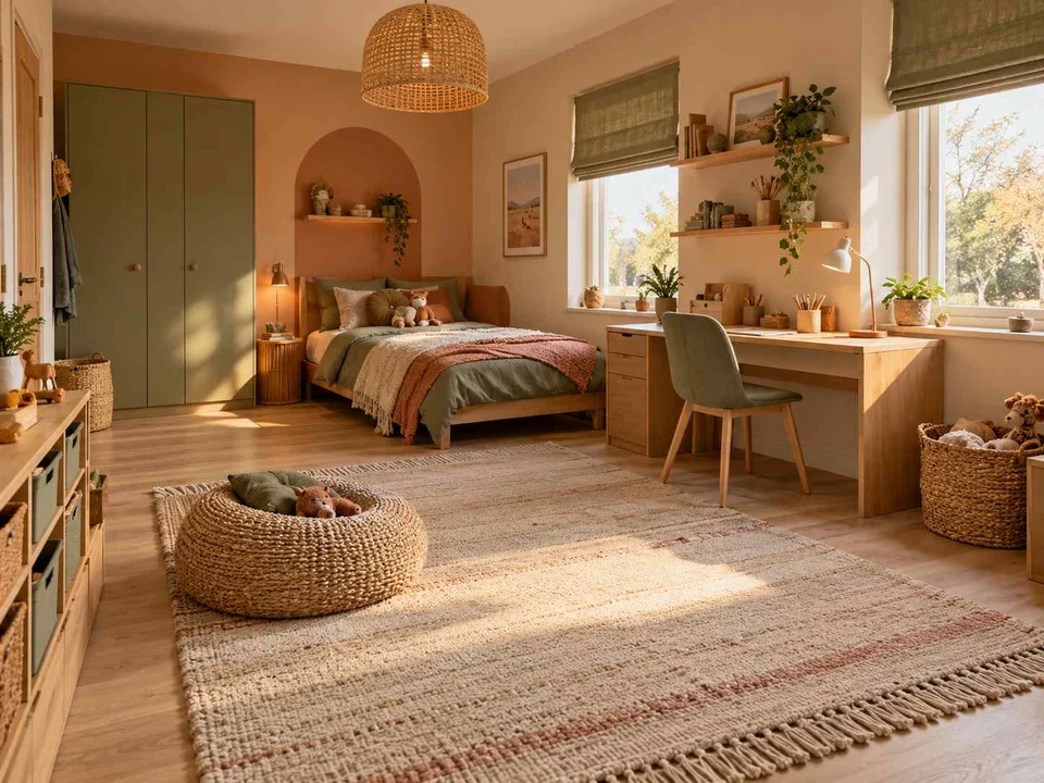 AI concept of a bedroom with a central rug and open floor space for play, with warm clay colours and rounded decorative details