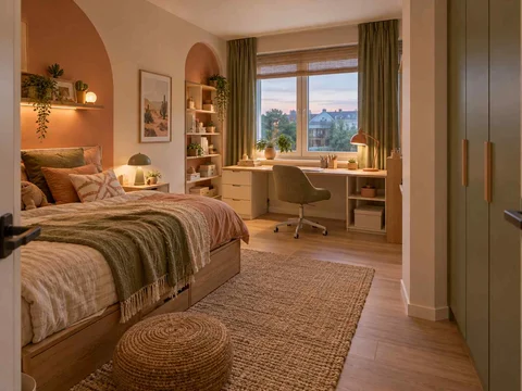 AI concept of a bedroom with a study desk and storage beside the sleeping area, with warm clay colours and rounded decorative details