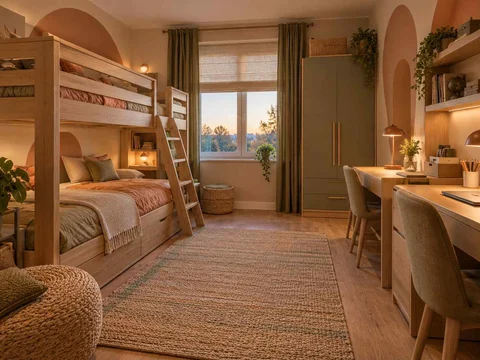 AI concept of bunk beds alongside study furniture and storage, with warm clay colours and rounded decorative details