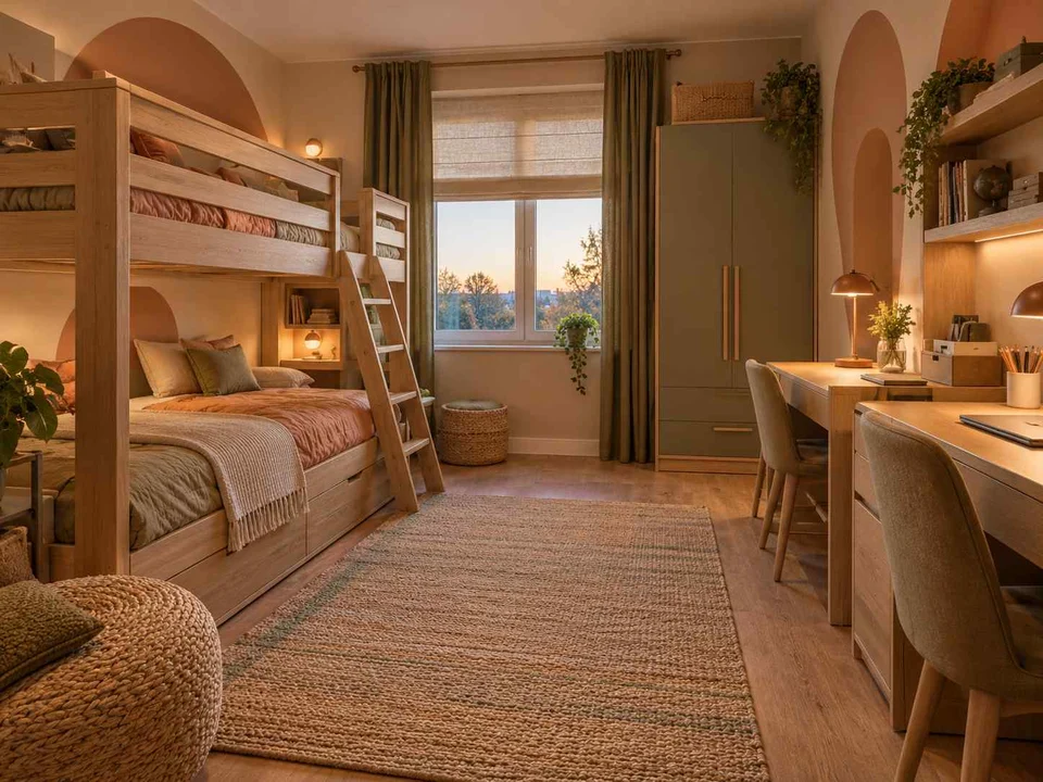 AI concept of bunk beds alongside study furniture and storage, with warm clay colours and rounded decorative details