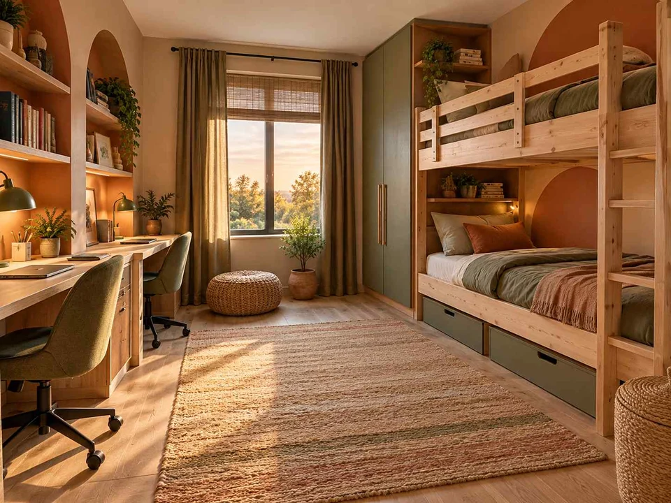 AI concept of bunk beds paired with bookshelves and study space, with warm clay colours and rounded decorative details