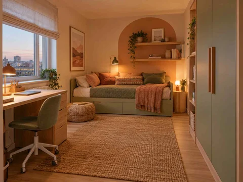 AI concept of a compact bedroom combining a bed, desk and storage, with warm clay colours and rounded decorative details