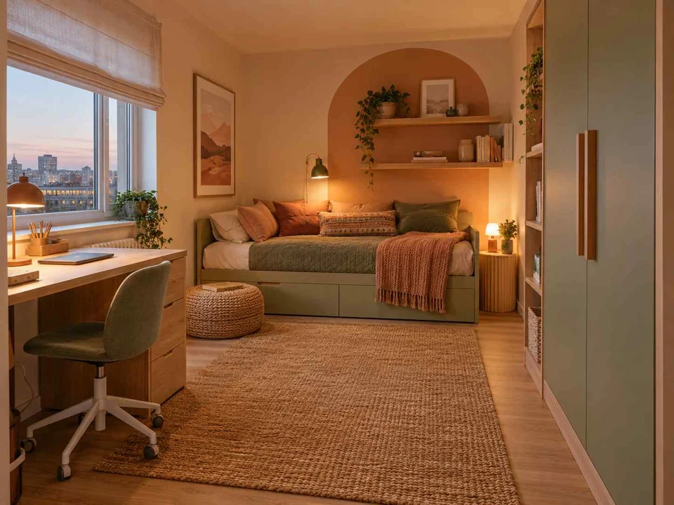 AI concept of a compact bedroom combining a bed, desk and storage, with warm clay colours and rounded decorative details