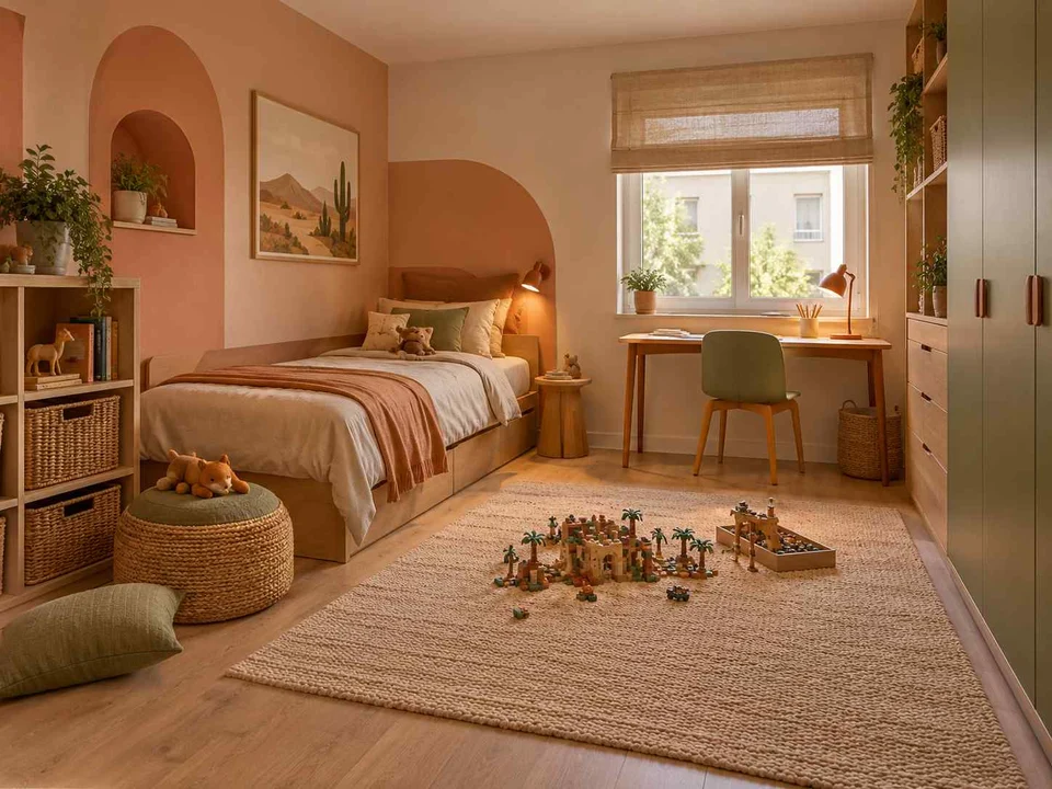 AI concept of a daylit bedroom with space for floor play, with warm clay colours and rounded decorative details