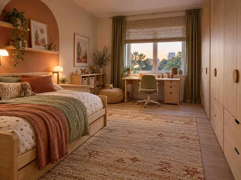 AI concept of a bedroom with a bed, study desk and open central floor space, with warm clay colours and rounded decorative details