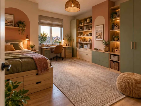 AI concept of a bedroom combining low storage with taller cabinetry or shelving, with warm clay colours and rounded decorative details