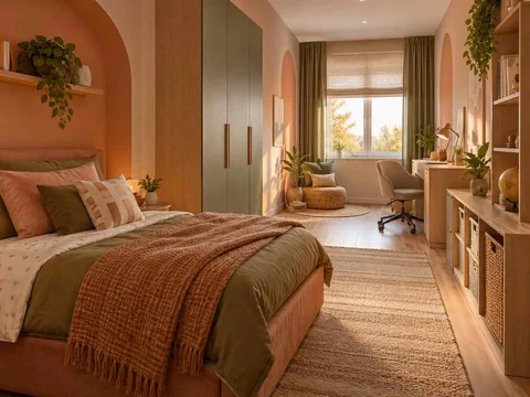 AI concept of a long bedroom with sleeping and study areas arranged along its length, with warm clay colours and rounded decorative details