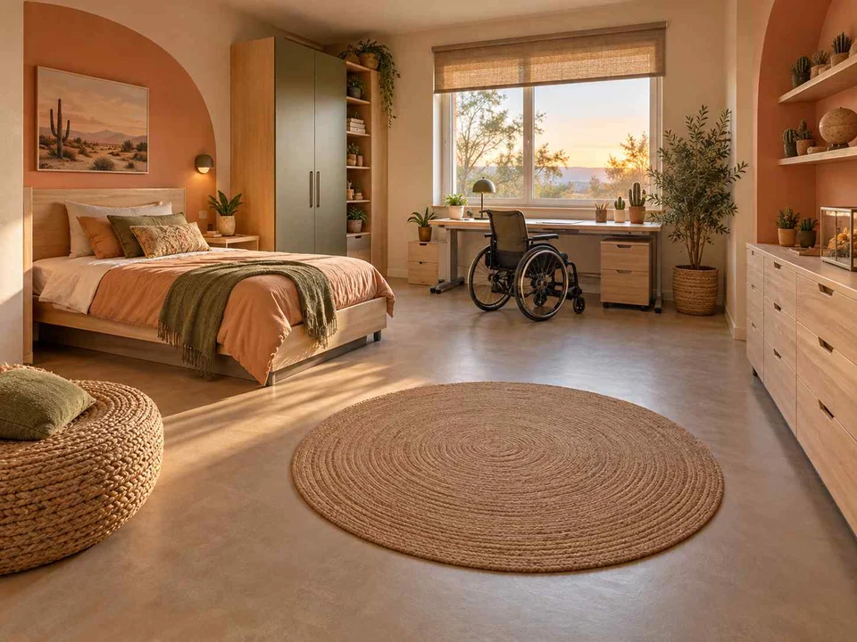 AI concept of a bedroom with an open central floor area and furniture arranged around its edges, with warm clay colours and rounded decorative details