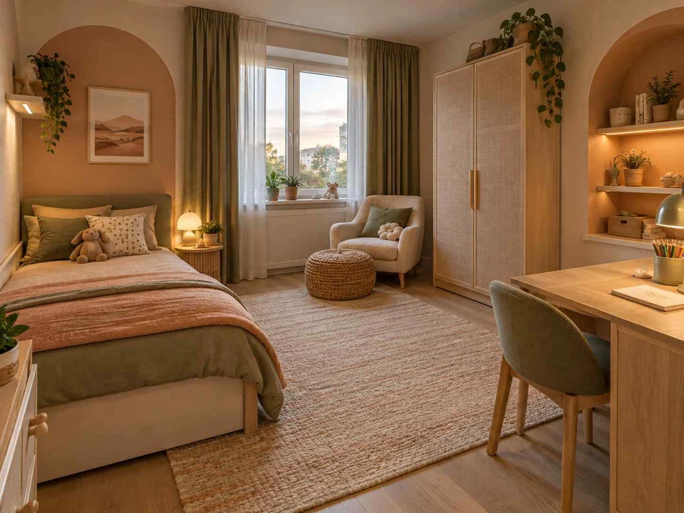AI concept of a bedroom arranged around sleep, storage and a small sitting area, with warm clay colours and rounded decorative details